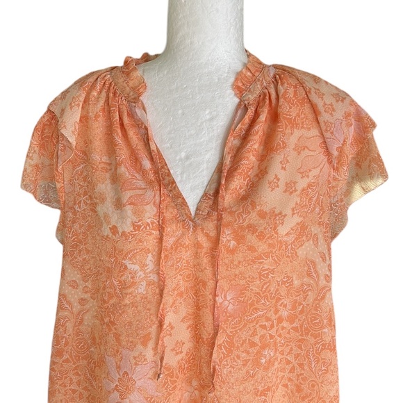 House of Harlow 1960 Peach Blush Pink Floral Print Tie Neck Ruffle Sleeve Top  M - Picture 2 of 15